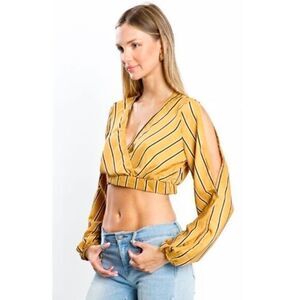 NWOT Womens Tan Yellow Black Striped Long Sleeve Crop Top
